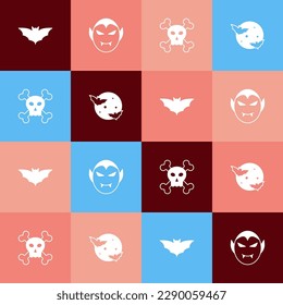 Set pop art Flying bat, Vampire, Skull on crossbones and Moon and stars icon. Vector