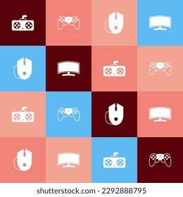 Set pop art Game controller or joystick, Computer mouse and monitor icon. Vector