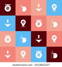 Set pop art Game dice, Bowling pin and ball, Whirligig toy and  icon. Vector