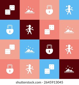 Set pop art Game dice, Magic powder, Open padlock and Voodoo doll icon. Vector