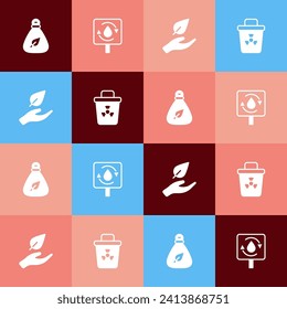 Set pop art Garbage bag, Recycle clean aqua, Leaf in hand and Infectious waste icon. Vector
