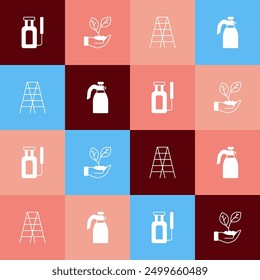 Set pop art Garden sprayer for water, Leaf in hand, Wooden staircase and  icon. Vector