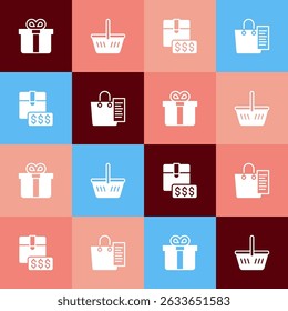 Set pop art Gift box, Shopping basket, Item price tag with dollar and list icon. Vector