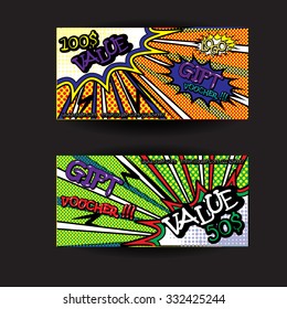 Set of Pop Art Gift Cards Coupon Voucher Certificate Template With Speech Bubble and Comic Letters