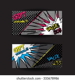 Set of Pop Art Gift Cards Coupon Voucher Certificate Template With Speech Bubble and Comic Letters