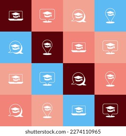 Set pop art Graduation cap on laptop, in speech bubble,  and Online education icon. Vector