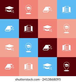 Set pop art Graduation cap with cursor, Online education, book and quiz, test, survey icon. Vector