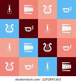 Set pop art Guitar, Xylophone, Ancient Greek lyre and Trumpet icon. Vector