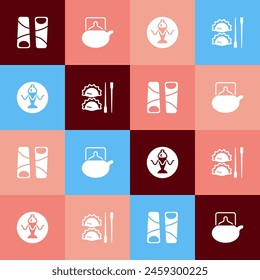 Set pop art Guotie, Traditional tea ceremony, Served fish plate and Dumpling with chopsticks icon. Vector