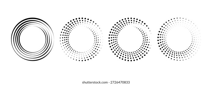 Conjunto de círculos de medio tono de arte pop. Patrón de puntos de Formas en estilo pop art. Abstractas textura moderna con estilo. Patrón geométrico de Ilustración vectorial. Elementos de diseño redondos para su contenido.
