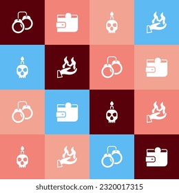Set pop art Handcuffs, Wallet, Burning candle on skull and holding fire icon. Vector