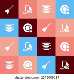 Set pop art Handle broom, Vacuum cleaner, Washing dishes and Dishwashing bottle plate icon. Vector