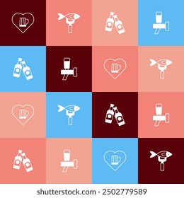 Set pop art Heart with glass of beer, Dried fish, Beer bottle and tap icon. Vector