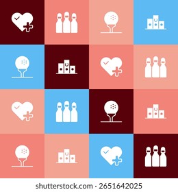 Set pop art Heart rate, Bowling pin, Golf ball on tee and Award over sports winner podium icon. Vector