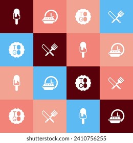 Set pop art Ice cream, Round the clock delivery, Coffee cup to go and Crossed knife and fork icon. Vector