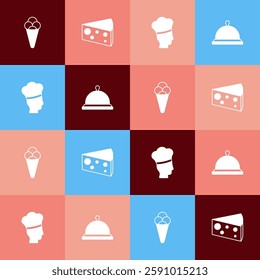 Set pop art Ice cream in waffle, Cheese, Italian cook and Covered with tray of food icon. Vector