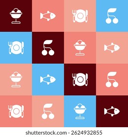Set pop art Ice cream in the bowl, Fish, Plate, fork and knife and Fresh berries icon. Vector