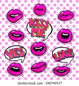 Set of pop art icons with female red lips gestures.