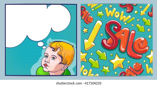 Set of pop art illustrations. Comic boy with speech bubble. Sale shopping seamless pattern