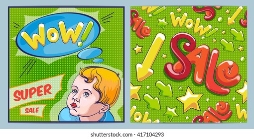 Set of pop art illustrations. Comic boy with speech bubble. Sale shopping seamless pattern