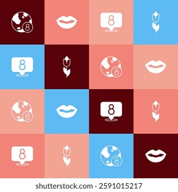 Set pop art International Women Day, Smiling lips, 8 March and Flower tulip icon. Vector