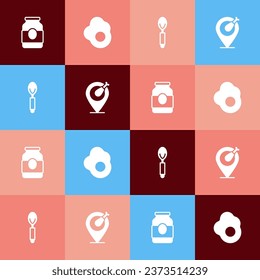 Set pop art Jam jar, Scrambled egg, Spoon and Chicken leg icon. Vector