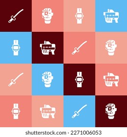 Setzen Sie Pop-Art Katana, Smart Brillen auf Brillen, Armbanduhr und Futuristische Waffensymbol. Vektorgrafik