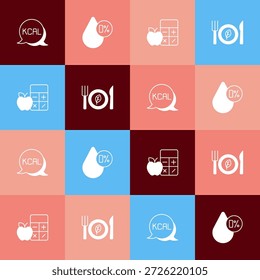 Set pop art Kcal, Water balance, Calorie calculator and Vegan food diet icon. Vector