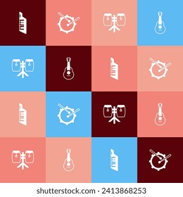 Set pop art Keytar, Drum with drum sticks, Conga drums and Guitar icon. Vector