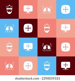 Set pop art King with crown, Crusade, Viking horned helmet and  icon. Vector