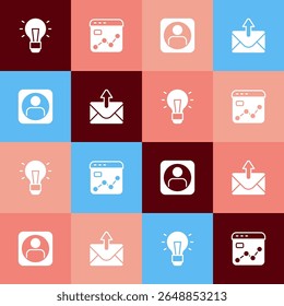 Set pop art Light bulb, Market analysis, Create account screen and Mail and e-mail icon. Vector