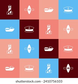 Set pop art Lighthouse, Kayak and paddle, Jet ski and Captain hat icon. Vector