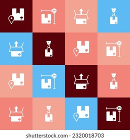 Set pop art Location with cardboard box, Cardboard measurement, Unboxing and Crane icon. Vector