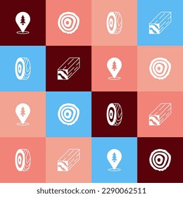 Set pop art Location of the forest, Tree rings,  and Wooden beam icon. Vector