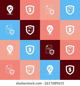 Set pop art Location shield, Shield with dollar, Contract and Delivery security icon. Vector
