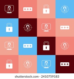 Set pop art Lock, Password protection,  and  icon. Vector