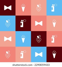 Set pop art Macaroni, Ice cream in waffle, Grape fruit and Perfume icon. Vector