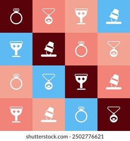 Set pop art Magic stone ring, Medallion chain with eye, Medieval goblet and Game thimbles icon. Vector