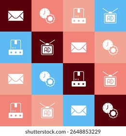 Set pop art Mail and e-mail, Time management, Consumer product rating and Advertising icon. Vector