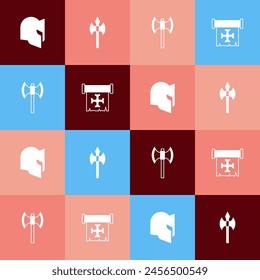 Conjunto de arte pop casco medieval, hacha, polea e icono de cruzada. Vector