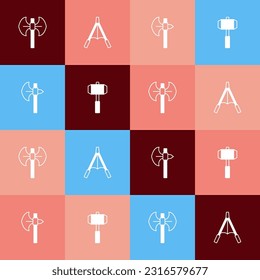 Set pop art Medieval poleaxe, Air blower bellows,  and Sledgehammer icon. Vector
