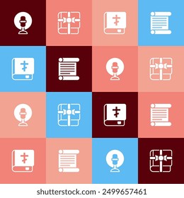 Set pop art Micrófono, libro como regalo, libro de la Biblia sagrada y decreto, pergamino, icono de desplazamiento. Vector