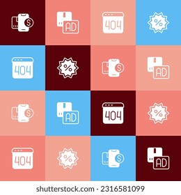 Establecer el elemento pop Mobile con el icono de etiqueta dólar, publicidad, error de página 404 y porcentaje de descuento. Vector
