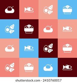 Set pop art Mochi, Served fish on a plate, Chicken egg with vegerables and Chow mein icon. Vector