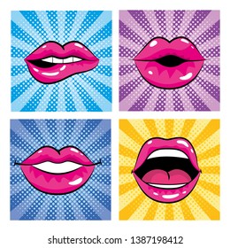 set pop art mouth with teeth and tongue