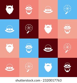 Set pop art Mustache and beard, Leprechaun, hat and Four leaf clover icon. Vector