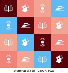 Set pop art Needle for sewing, Leather, Yarn and Electric iron icon. Vector