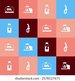 Set pop art Oil tank storage, Nuclear power plant, petrol test tube and Gasoline pump nozzle icon. Vector