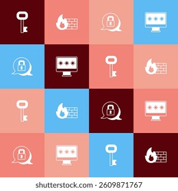 Set pop art Old key, Firewall, security wall, Lock and Monitor with password icon. Vector