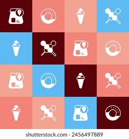 Set pop art Online ordering food, Donut, Ice cream waffle and Meatballs wooden stick icon. Vector